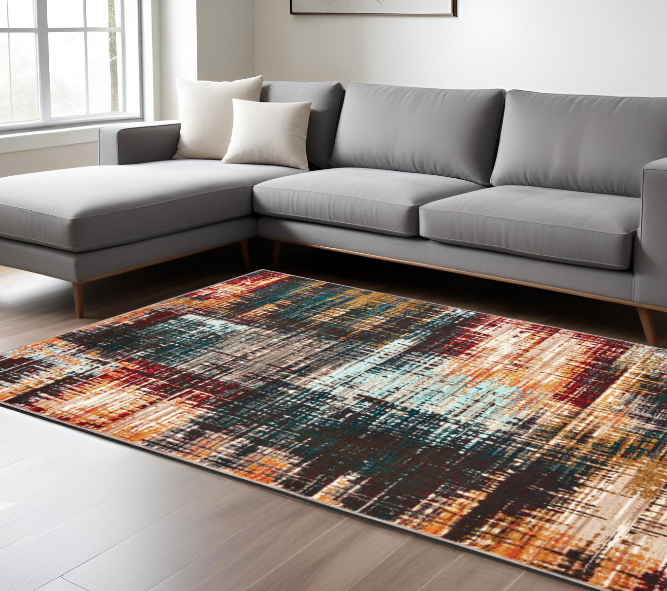 7' X 10' Blue and Orange Abstract Power Loom Area Rug