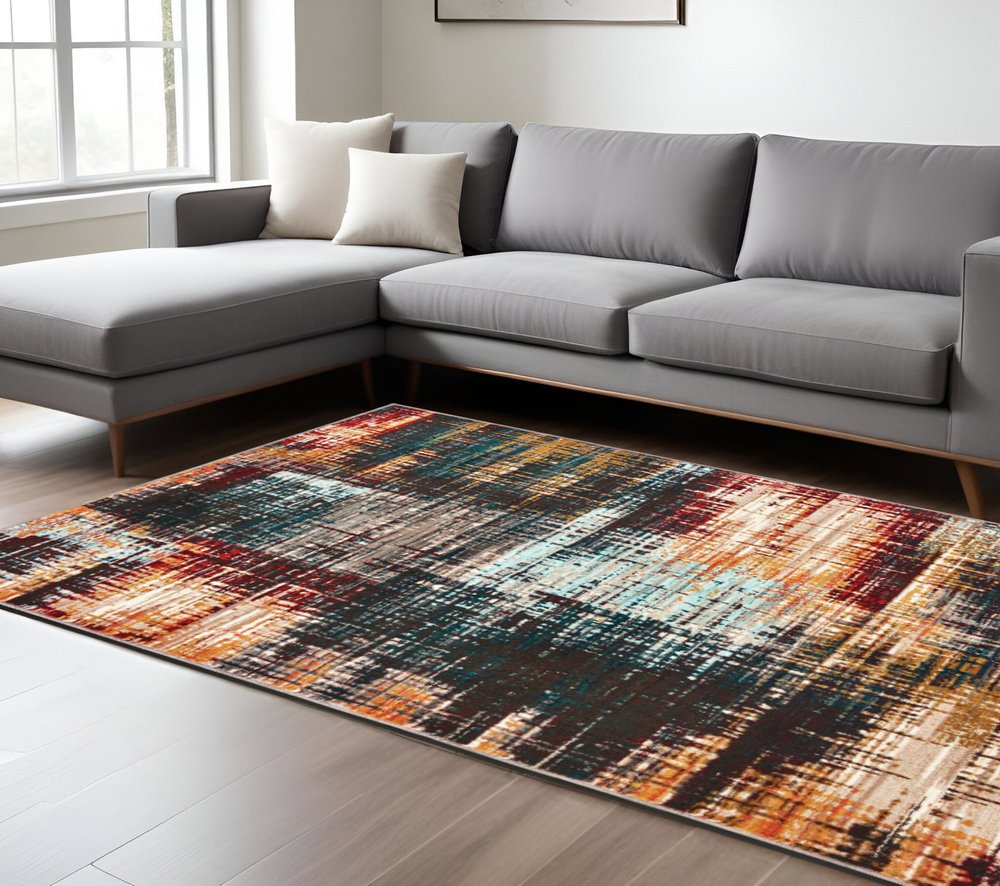 10' X 13' Blue and Orange Abstract Power Loom Area Rug
