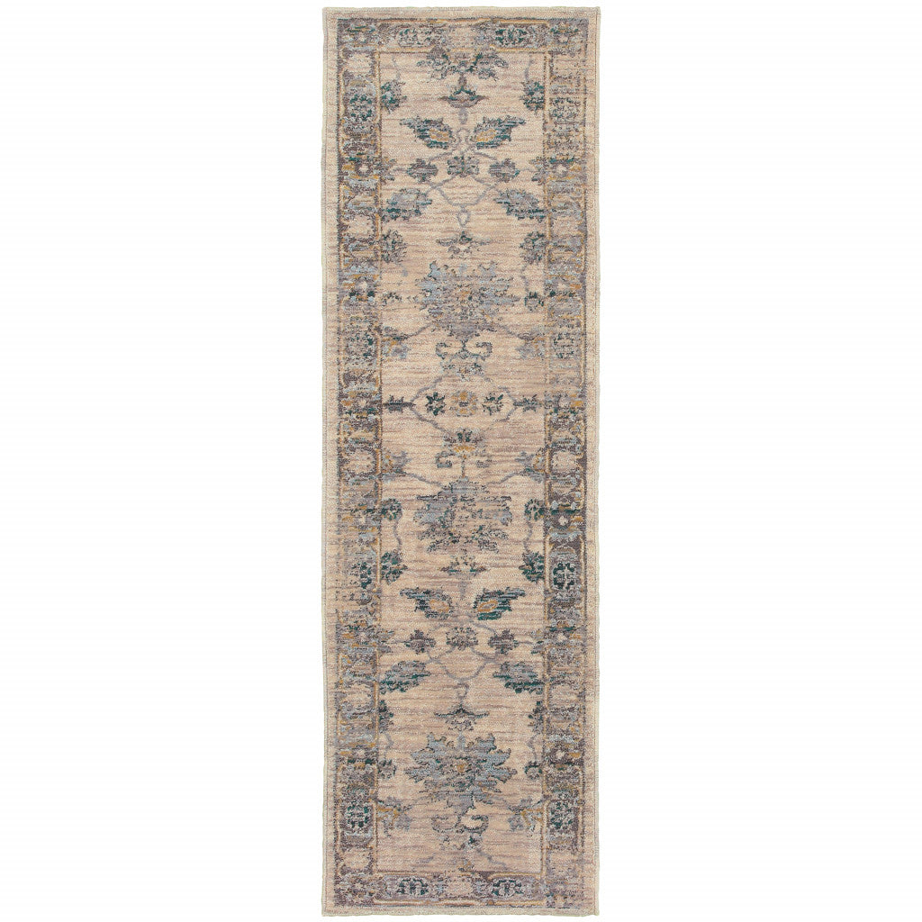 2' X 8' Ivory Blue Gold And Grey Oriental Power Loom Stain Resistant Runner Rug