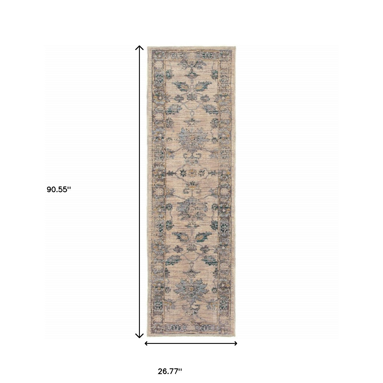 2' X 8' Ivory Blue Gold And Grey Oriental Power Loom Stain Resistant Runner Rug