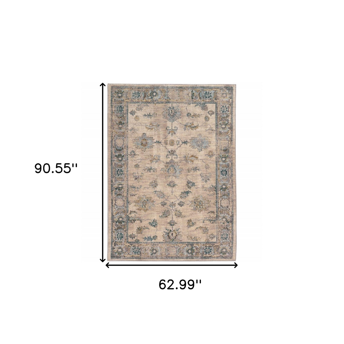5' X 8' Ivory Blue Gold And Grey Oriental Power Loom Stain Resistant Area Rug