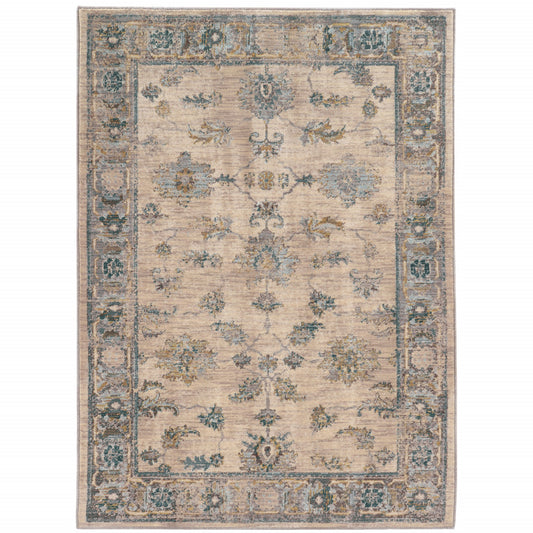 6' X 9' Ivory Blue Gold And Grey Oriental Power Loom Stain Resistant Area Rug