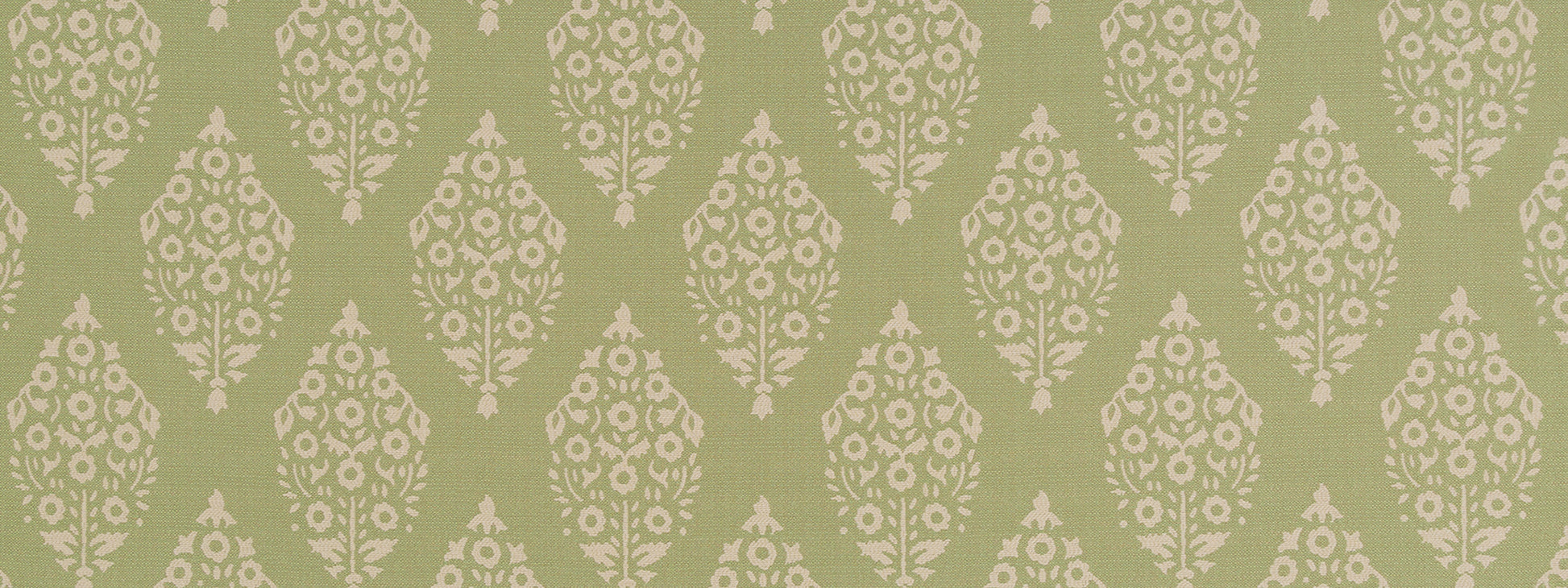 Olive green upholstery fabric with repeating ivory damask floral motifs in a vintage decorative pattern.