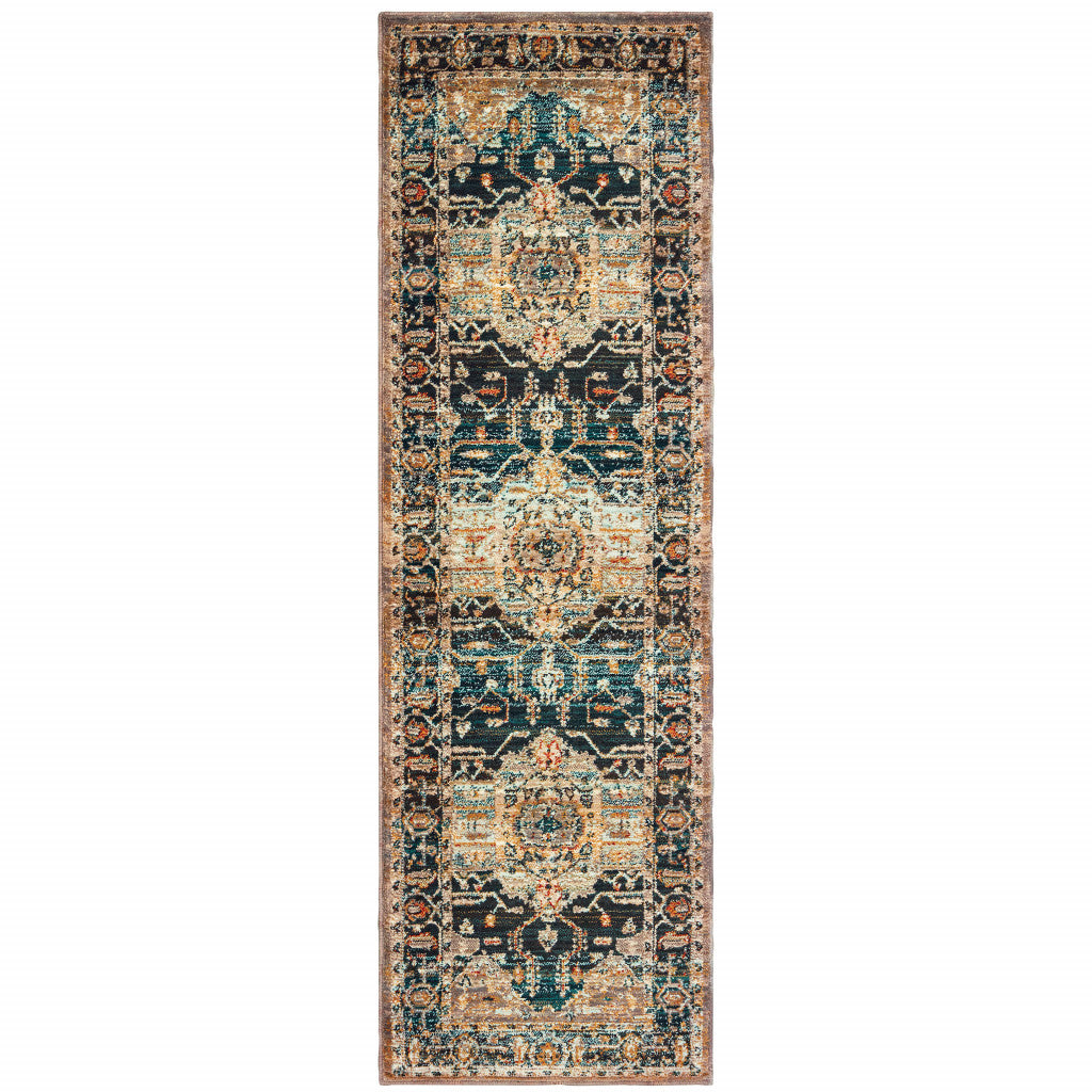 2' X 8' Blue Gold Grey Orange Ivory And Teal Oriental Power Loom Stain Resistant Runner Rug