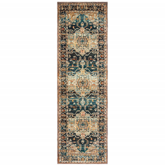 2' X 8' Blue Gold Grey Orange Ivory And Teal Oriental Power Loom Stain Resistant Runner Rug