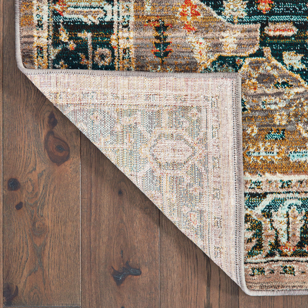 2' X 8' Blue Gold Grey Orange Ivory And Teal Oriental Power Loom Stain Resistant Runner Rug