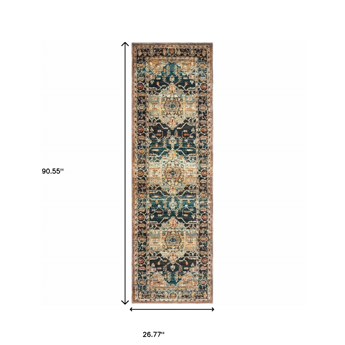 2' X 8' Blue Gold Grey Orange Ivory And Teal Oriental Power Loom Stain Resistant Runner Rug