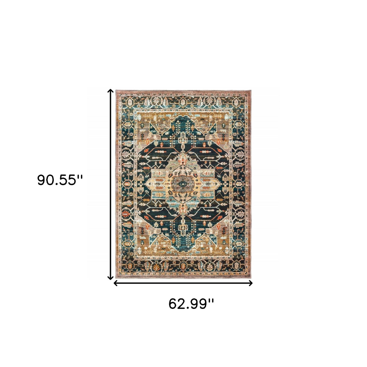 5' X 8' Blue Gold Grey Orange Ivory And Teal Oriental Power Loom Stain Resistant Area Rug