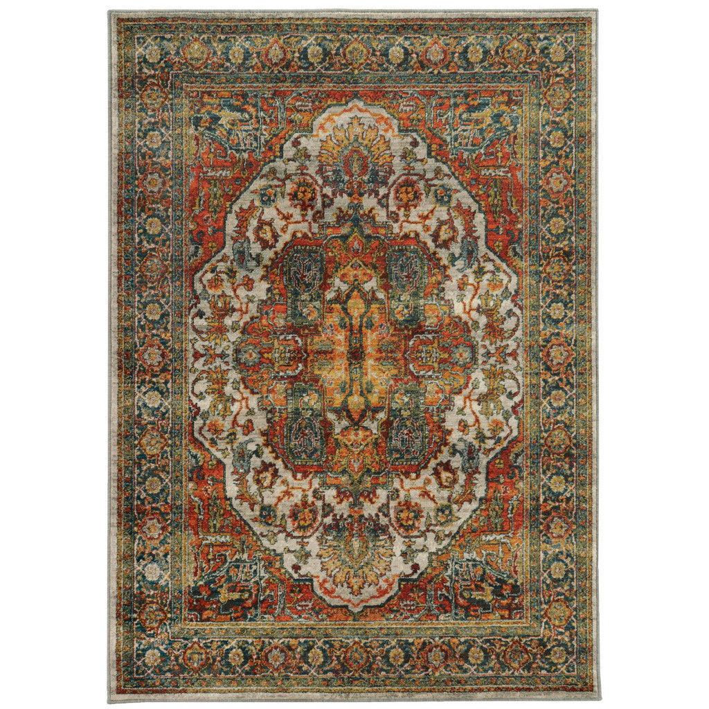 2' X 3' Red Gold Orange Green Ivory Rust And Blue Oriental Power Loom Stain Resistant Area Rug