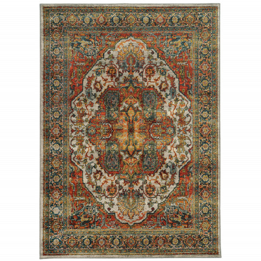 2' X 3' Red Gold Orange Green Ivory Rust And Blue Oriental Power Loom Stain Resistant Area Rug