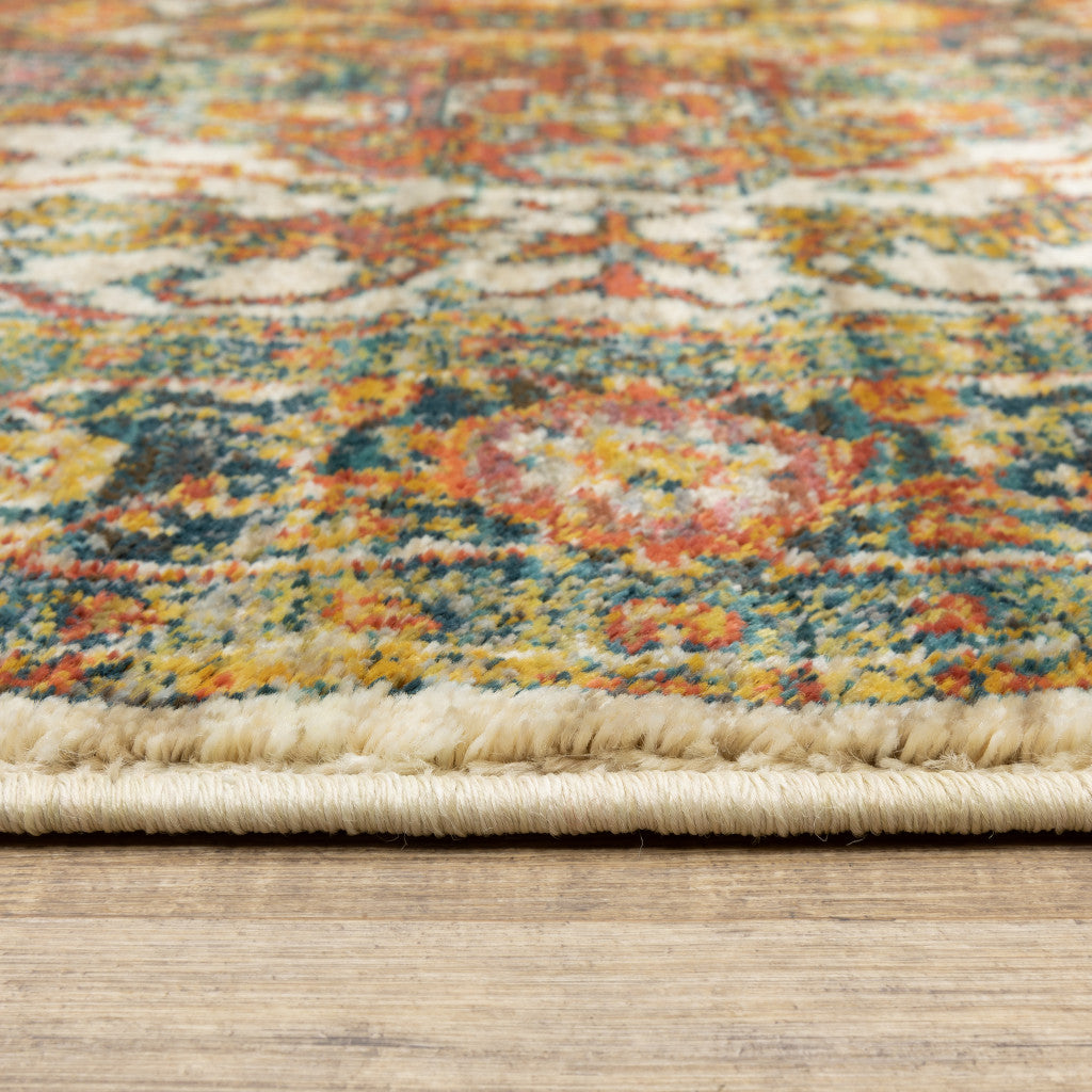 2' X 3' Red Gold Orange Green Ivory Rust And Blue Oriental Power Loom Stain Resistant Area Rug