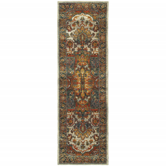 2' X 8' Red Gold Orange Green Ivory Rust And Blue Oriental Power Loom Stain Resistant Runner Rug