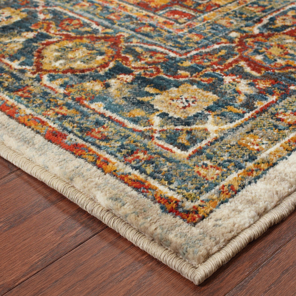 4' X 6' Red Gold Orange Green Ivory Rust And Blue Oriental Power Loom Stain Resistant Area Rug