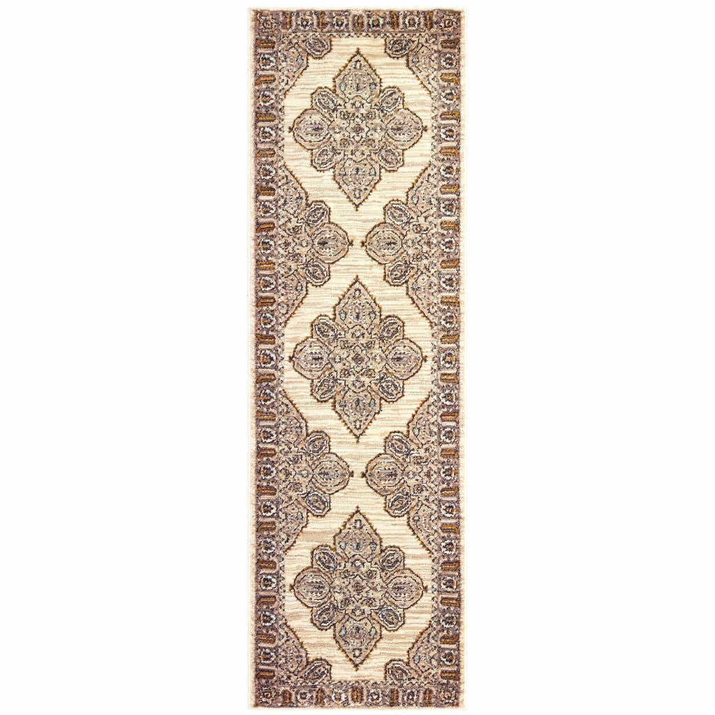 2' X 8' Ivory Gold Grey And Blue Oriental Power Loom Stain Resistant Runner Rug