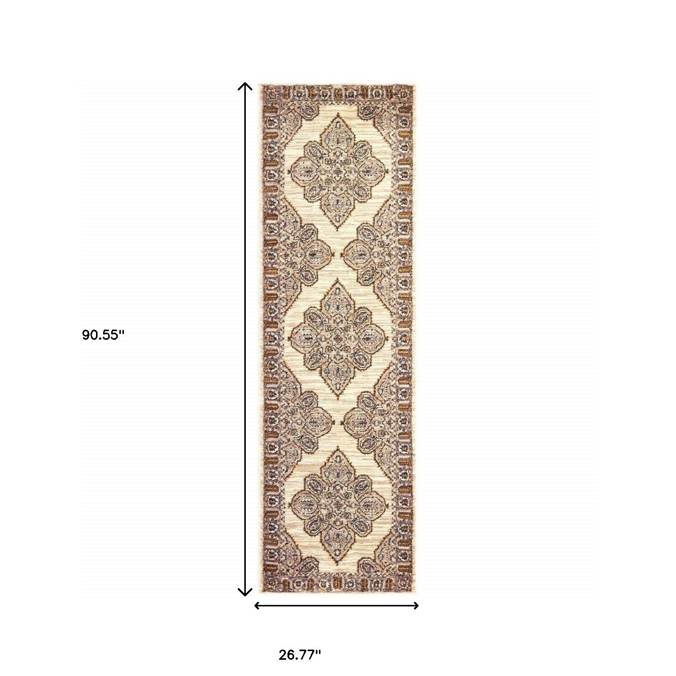 2' X 8' Ivory Gold Grey And Blue Oriental Power Loom Stain Resistant Runner Rug