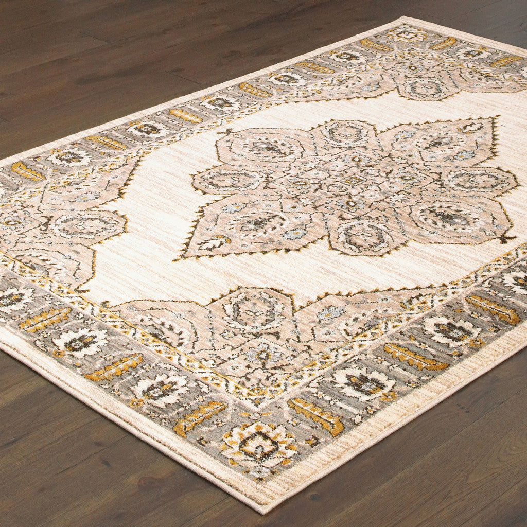 8' X 11' Ivory Gold Grey And Blue Oriental Power Loom Stain Resistant Area Rug