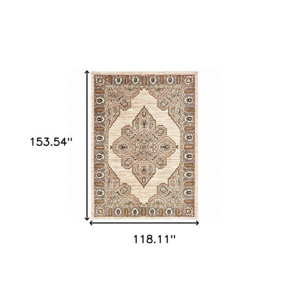 10' X 13' Ivory Gold Grey And Blue Oriental Power Loom Stain Resistant Area Rug