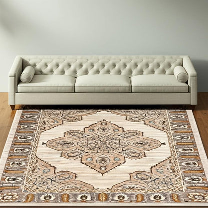 10' X 13' Ivory Gold Grey And Blue Oriental Power Loom Stain Resistant Area Rug