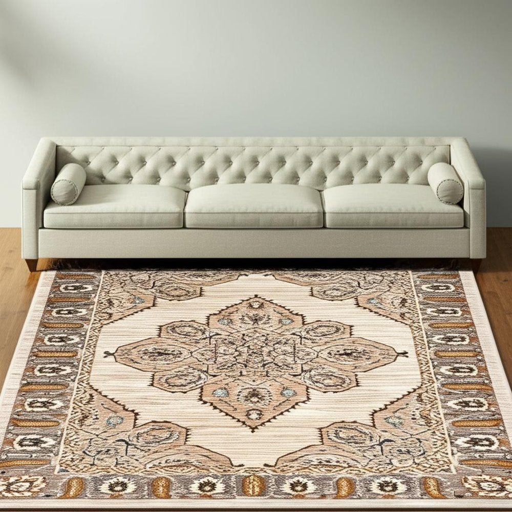 10' X 13' Ivory Gold Grey And Blue Oriental Power Loom Stain Resistant Area Rug