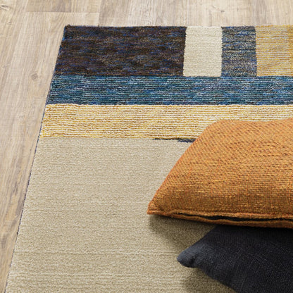 8' Blue And Beige Geometric Runner Rug