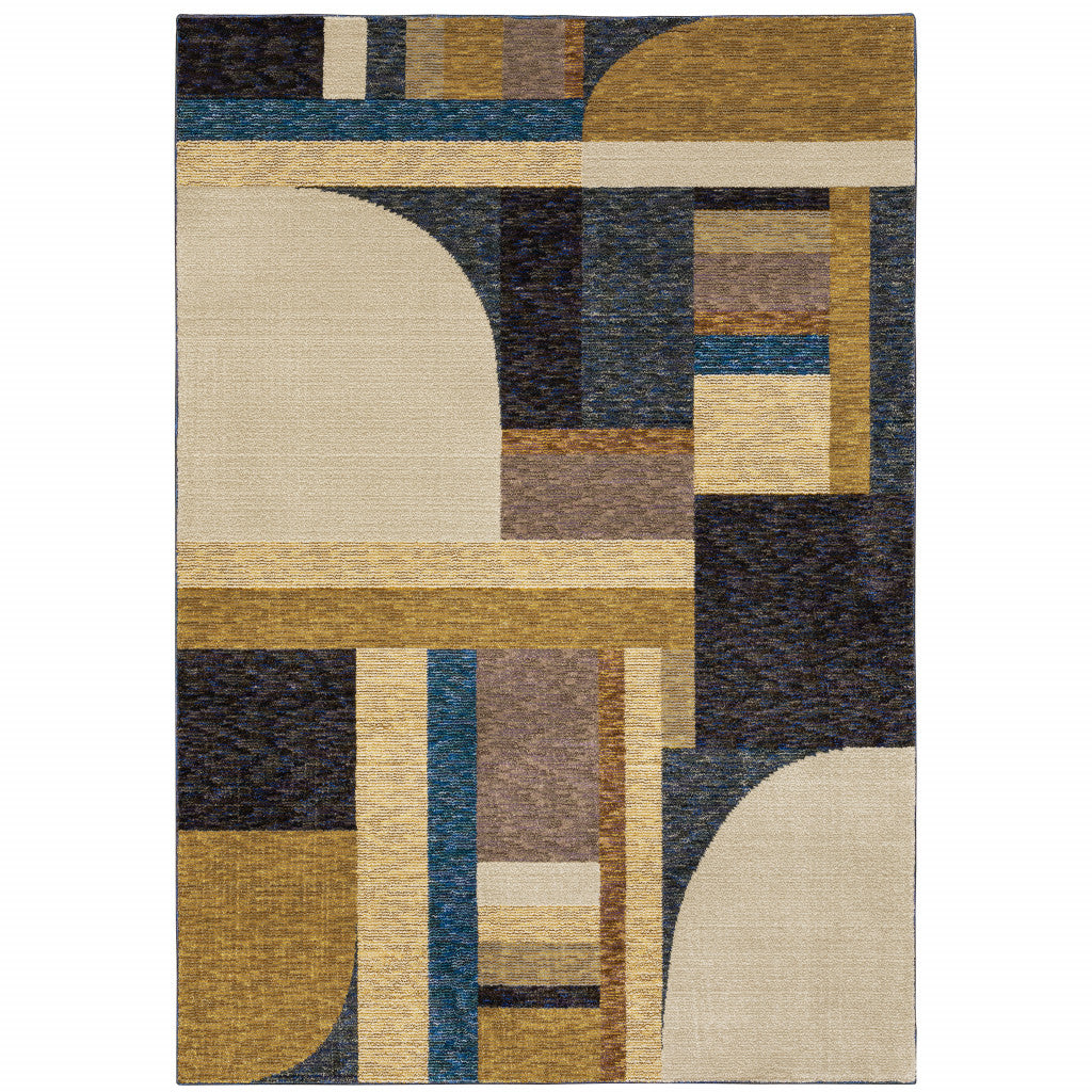 3' X 5' Blue and Beige Geometric Power Loom Area Rug