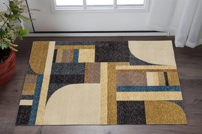 3' X 5' Blue and Beige Geometric Power Loom Area Rug