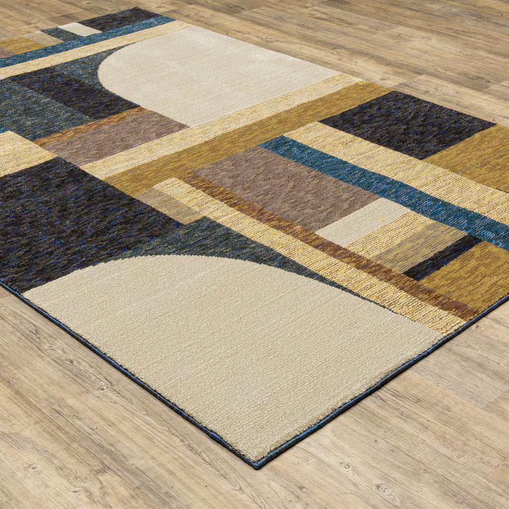 3' X 5' Blue and Beige Geometric Power Loom Area Rug