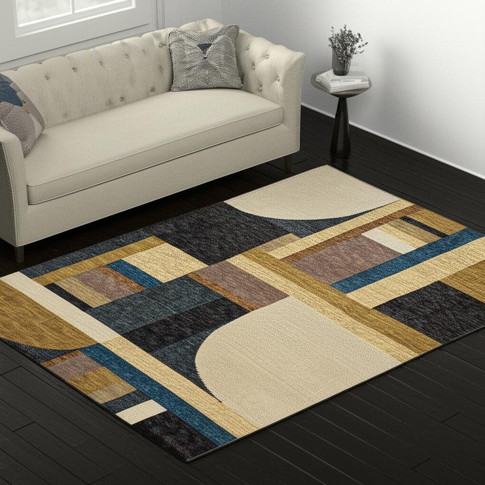 5' X 7' Blue and Beige Geometric Power Loom Area Rug