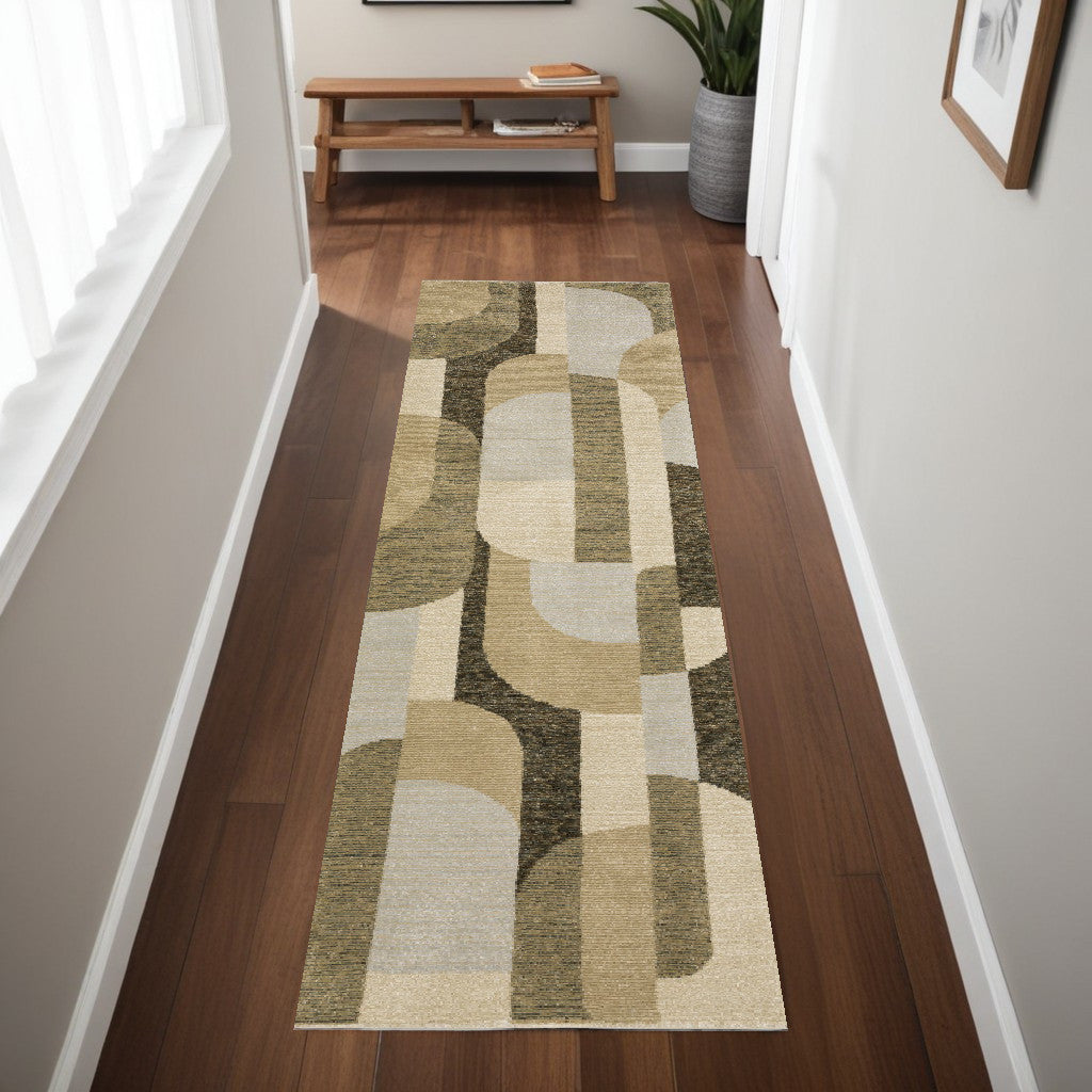 8' Runner Green and Ivory Geometric Power Loom Runner Rug