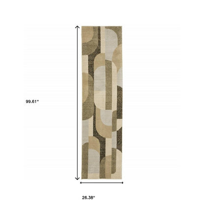 8' Green And Ivory Geometric Runner Rug