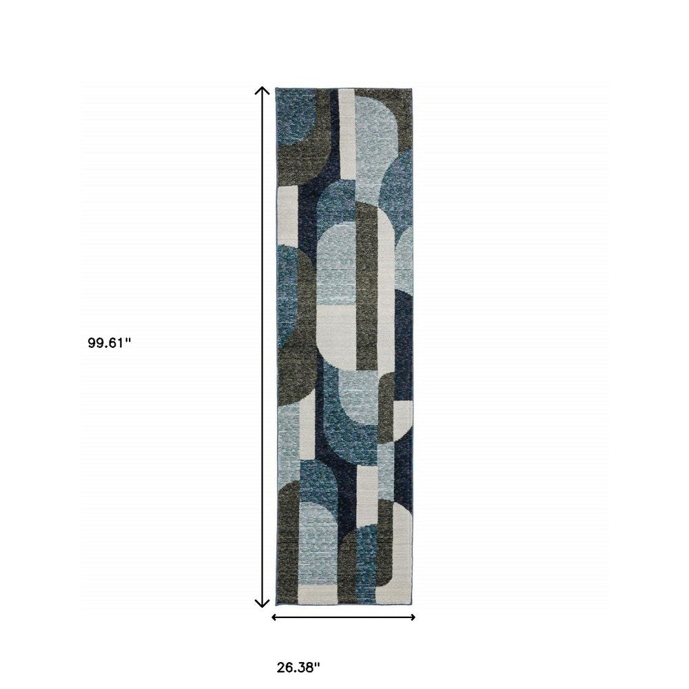 8' Blue And Ivory Geometric Runner Rug