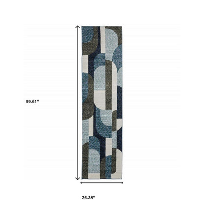 8' Blue And Ivory Geometric Runner Rug