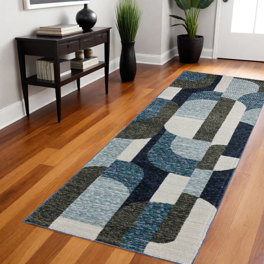 8' Blue And Ivory Geometric Runner Rug