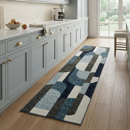 8' Blue And Ivory Geometric Runner Rug