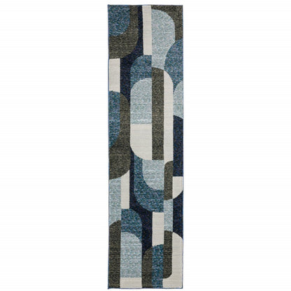 8' Blue And Ivory Geometric Runner Rug