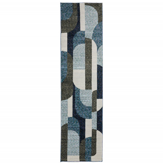 8' Blue And Ivory Geometric Runner Rug