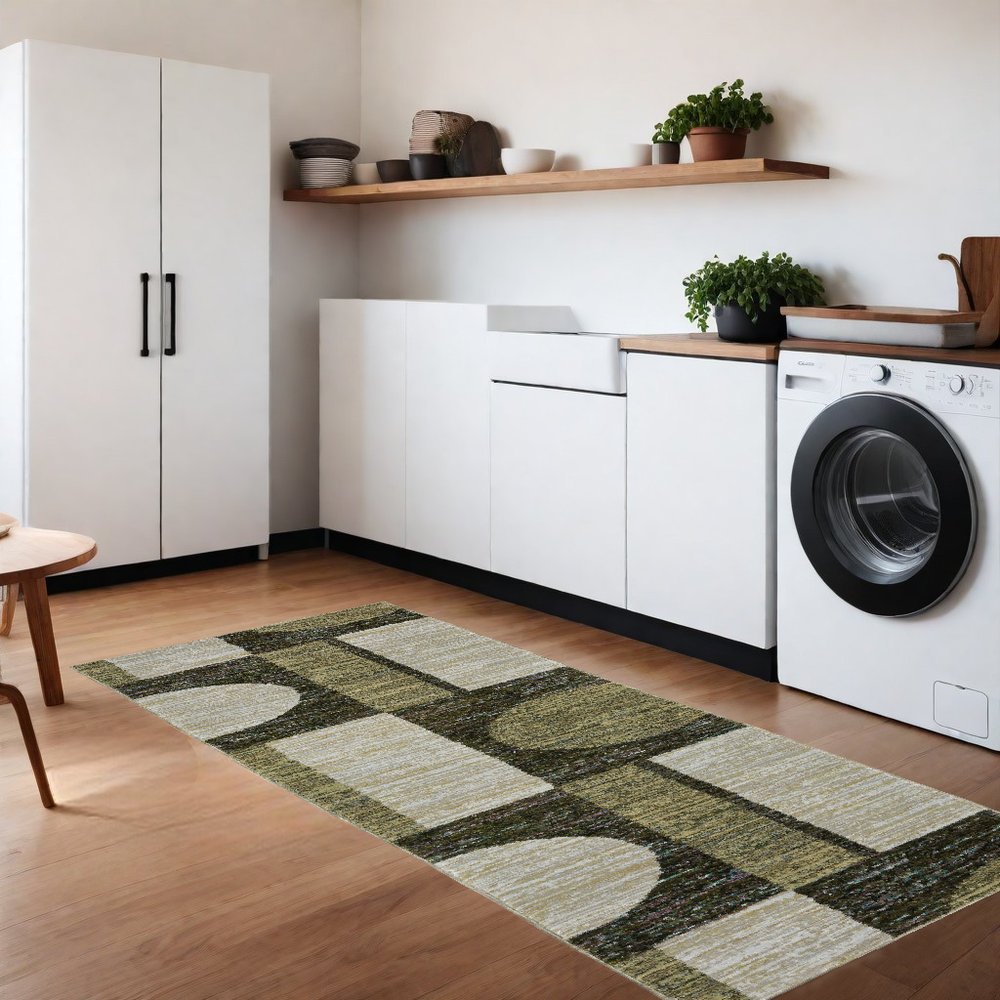 8' Blue And Beige Geometric Runner Rug