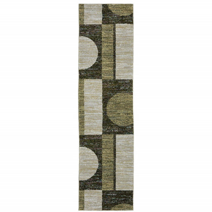 8' Blue And Beige Geometric Runner Rug