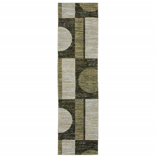 8' Blue And Beige Geometric Runner Rug