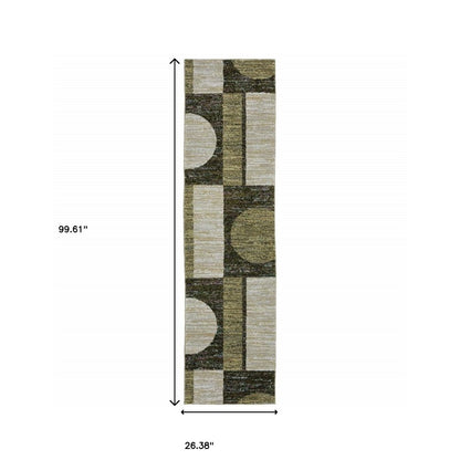 8' Blue And Beige Geometric Runner Rug