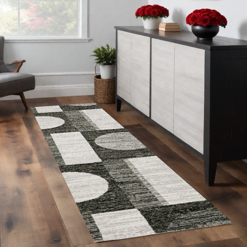 8' Runner Gray and Ivory Geometric Power Loom Runner Rug