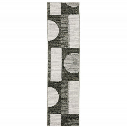 8' Gray And Ivory Geometric Runner Rug