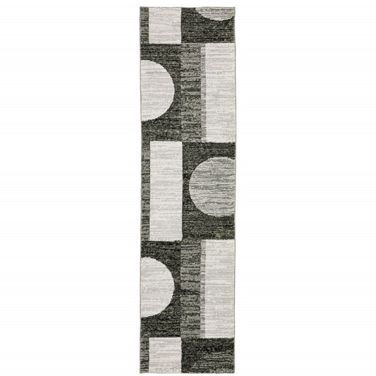 8' Gray And Ivory Geometric Runner Rug