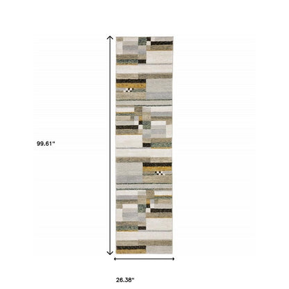 8' Black And Gray Geometric Runner Rug