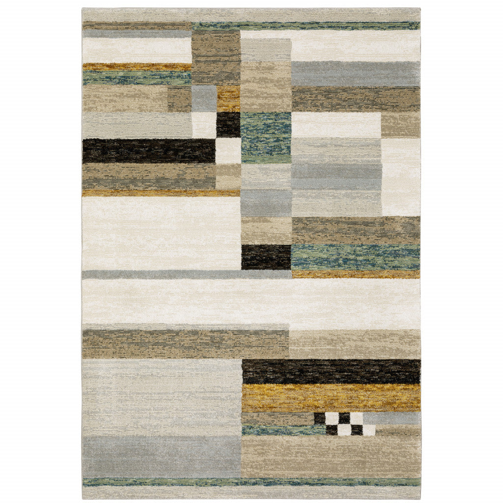 3' X 5' Beige Gold Black Grey Tan Teal and Rust Geometric Power Loom Area Rug