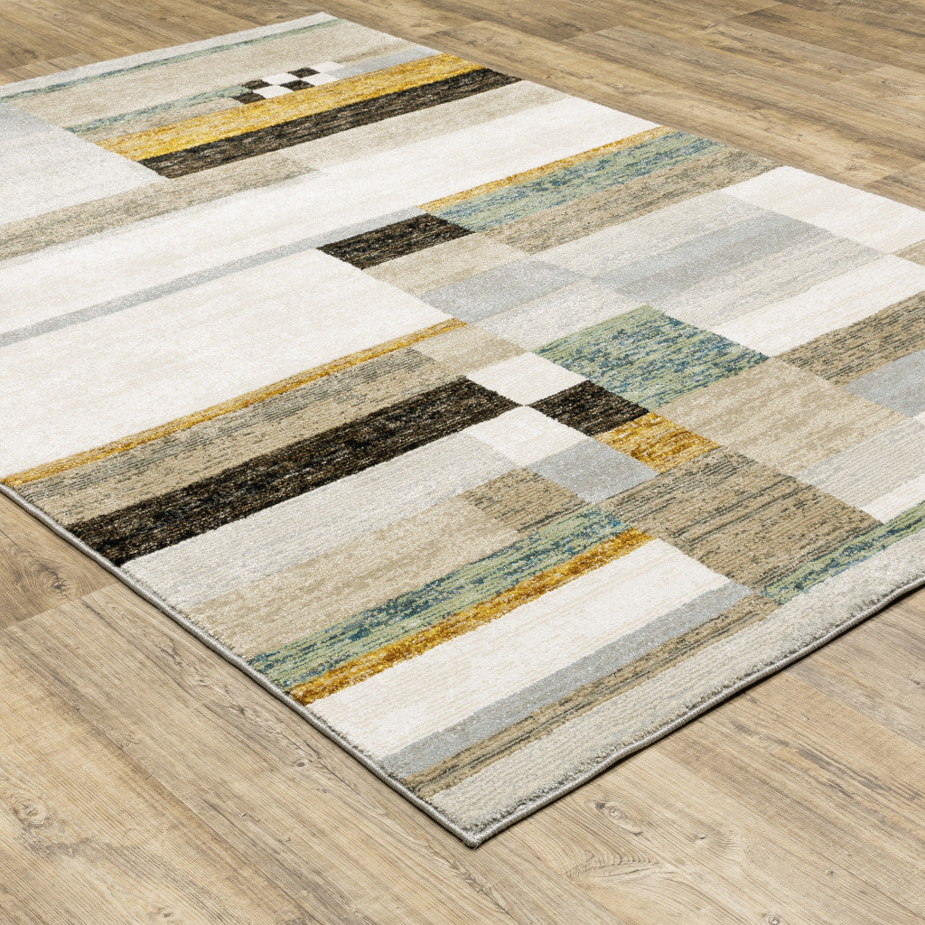 3' X 5' Beige Gold Black Grey Tan Teal and Rust Geometric Power Loom Area Rug