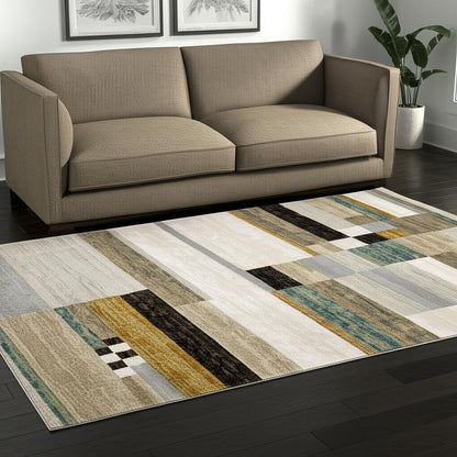 5' X 7' Beige Gold Black Grey Tan Teal and Rust Geometric Power Loom Area Rug