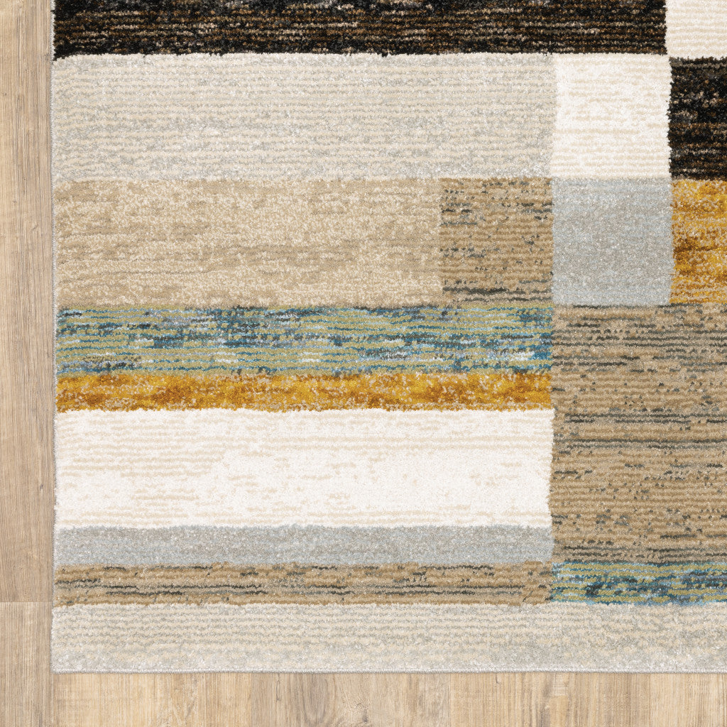 5' X 7' Beige Gold Black Grey Tan Teal and Rust Geometric Power Loom Area Rug