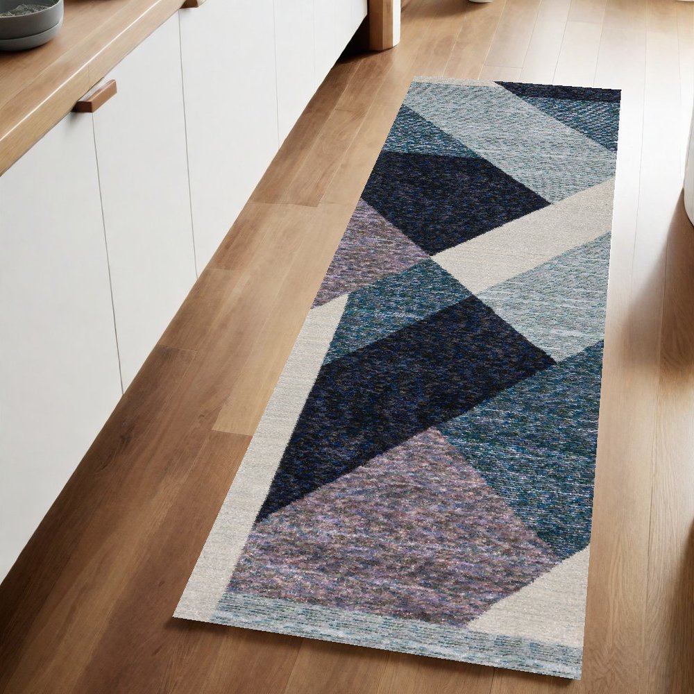 8' Blue Purple And Gray Geometric Runner Rug