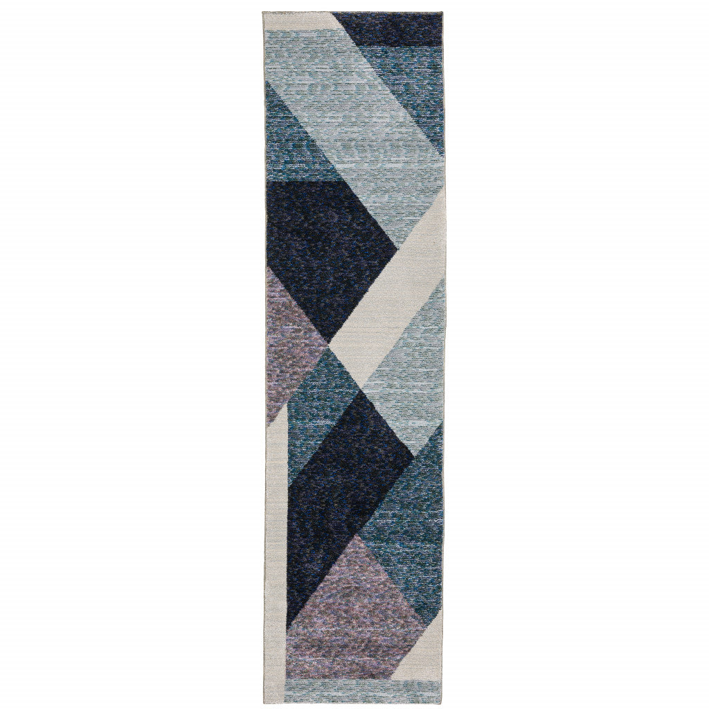 8' Runner Blue Purple Grey and Teal Geometric Power Loom Runner Rug